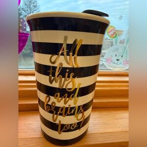 Black & White Striped Ceramic travel mug with Gold Script